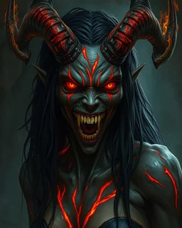 A female eldritch horror being, obsidian skin with streaks of magma shining through, coal-black hair, rows of sharp white teeth, long flaming horns, greg rutkowski, intricate details, cave setting