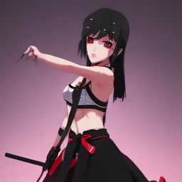 Ryuko Matoi,black skirt,black crop top,suspenders,red tie,red ahoge,