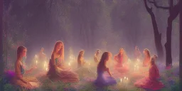 group of woman in colourful dresses meditating in an enchanted forest with a lake at nite, candles in the trees