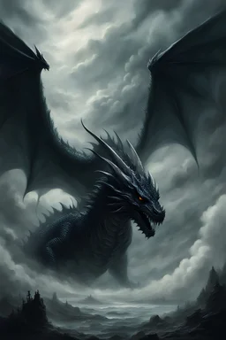 thick very dense foggy clouds a powerful dragon, a view in the animal's counter-angle, an ominous fantasy illustration, dark fantasy artwork, in style of dark power fantasy art, dark fantasy horror art, dark fantasy style art, dark fantasy illustration, dark fantasy art, dark soul concept art, inspired by Beksinski, fantasy horror art, dark fantasy concept art, dark concept art, fantasy dark art, dramatic concept art