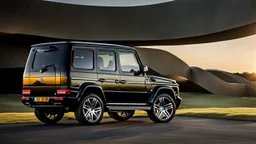 A sleek (((G wagon and bentley merged))) with a majesticly curved rear, cutting through a (sunny, open countryside) backdrop