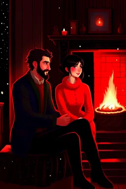 Fire place Christmas scene, dark haired couple, man with short black beard, blue eyes, young couple, graphic