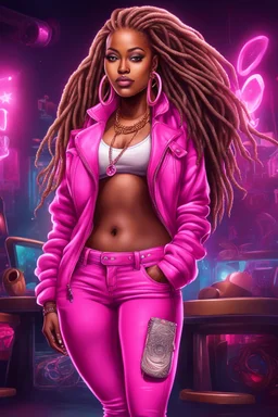 Create a digital airbrush cartoon of a curvy African American female wearing a hot pink jean outfit with timberland boots. Prominent make up with hazel eyes. She is wearing large diamond hoop earrings. Extremely highly detailed very long dread locs hair that shines. Background of a night club.