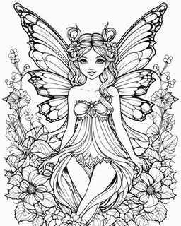 The fairy coloring page cartoon is simple, with bold precise clear lines, no color, white background.