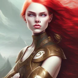 fantasy setting, woman, red hair and white wavy hair