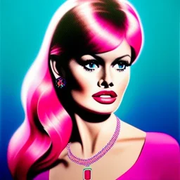 portrait in oil of young busty beautiful BRIGITTE BARDOT, purpurin, minimal skintight latex pink dress, gradient color, BLUE, PINK, CYAN, neon, insanely detailed, 16k resolution,with big crystal clear green eyes looking to viewer,realistic,intrincate detail, with ruby necklace by Adam hughes 16k