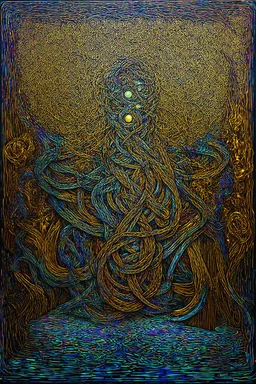 psychological knots; surreal art in the style of Andre Breton over a background of ink art inspired by Escher filled in with Iridescent golden elements inspired by Klimt and colorful elements inspired by Klee