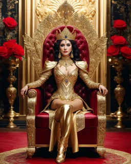 The Beautiful Queen sits on a luxurious palace chair, wearing luxury clothes with luxurious armor design, made of gold metal plate, metal craft with luminous diamond glitter, on the outer surface of the luxury jewelry decoration very small diamond stones, heart shape red diamond stones, black decoration leaves and small rose flower decorations are incorporated, emitting light, golden background