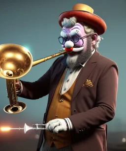 mechanoid old friendly fat clown with trimmed beard playing jazz with a steampunk theme, trumpet, realistic