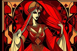 Stylized Arabian Nights aristocrat, In the style of Tarot and Art Deco, Red colours