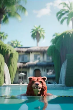 Realistic pool scene. big furry monster into water. Wes Anderson style. Red hair, smile, happy, gradient color fog. highly detailed, concept art, unreal engine 5, ray tracing, RTX, lumen lighting, ultra detail, volumetric lighting, 3d, finely drawn, high definition, high resolution.