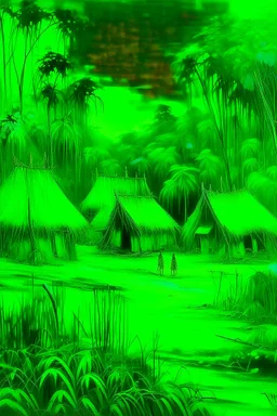 A neon green clearing with tribal huts painted by Henri Robert-Bresil