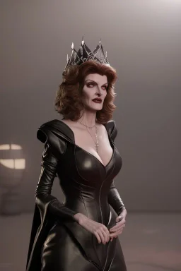 Rene Russo as evil queen in black leather gown, angry, busty, curvey, cleavage, unreal 5, octane render,cinema4d, dynamic lighting, dramatic lighting, 4k, redshift render, highly detailed, hyper realistic