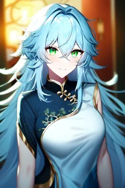 girl, masterpiece, best quality, cinematic lighting, detailed outfit, vibrant colors, perfect eyes, green eyes, long hair, light blue hair, messy hair, hair between eyes, depth of field, ray tracing, chinese clothes, angry,