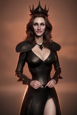 Julia Roberts as evil queen in black leather gown, evil, busty, cleavage, curvy, angry, stern look. character design by cory loftis, fenghua zhong, ryohei hase, ismail inceoglu and ruan jia. unreal engine 5, artistic lighting, highly detailed, photorealistic, fantasy