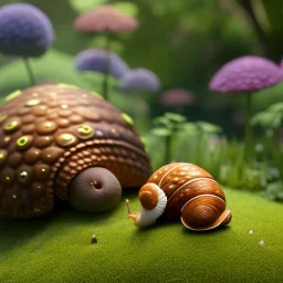 pixar style, volumetric summer garden environment and background, realistic painting of a garden snail smiling, looking excited, detailed digital painting, extreme dense and fine fur, anime, ornate, colour-washed colors, elegant, small minutiae, tiny features, particulars, centered, smooth, sharp focus, renderman gofur render, 8k, uhd, detailed eyes, realistic shaded volumetric lighting, sunlight caustics, backlight, centered camera view