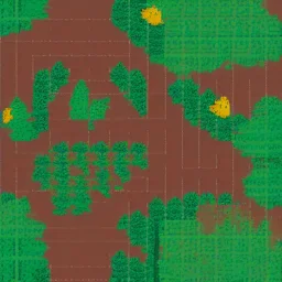 escena de un juego en pixel art desde angulo alto de un sendero de tierra rodeado por pasto, seis arboles de copa redonda y tres rocas ubicados aleatoreamente a la orilla del camino