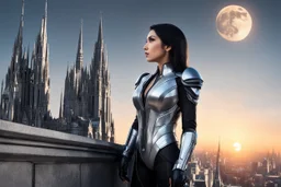 A slim Woman With Black shoulder length hair, Wearing a silver and black android-looking suit, standing sideways On a ledge of a building, with a moon Behind Her Head, towering spires and buildings highlighted by the setting sun