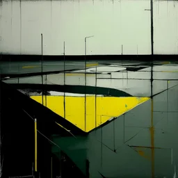 Minimal abstract oil paintings desolate 1960s carpark concrete fragments in a rain storm. style of Justin Mortimer and Francis Bacon. road markings.