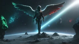 hyper realistic, meteorite impact that brought tiberium crystals near the forest and monoliths on the right side in green and red colours on the right side from under ground they come to the surface and blue on the left side which is getting bigger and getting closer to the angel. And in the middle stands a beautiful angel from another universe and behind him a galaxy in different colors of space on which you can see a spaceship,