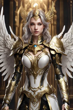 Realistic photography,front_view, Beautiful super model European girl dressing Angel Queen, silver wings,looking at viewer,traditional dress ornaments mechanical armor china warframe traditional, intricate armor, delicate golden shine bright filigree, intricate filigree, black metalic parts, detailed part, jewelry diamonds,dynamic pose,abstrac background, dynamic lighting, epic fantasy concept art by noah bradley