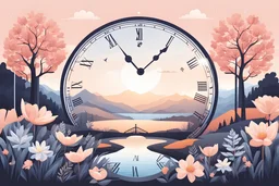 pastel landscape flat illustration of clock in the centre and nature with clear space for deck design