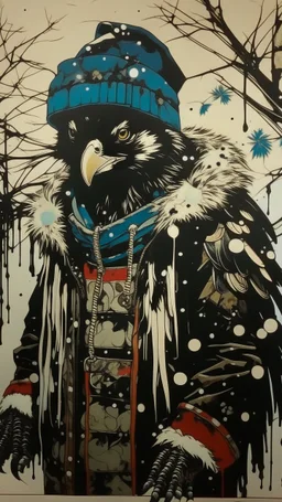 A contemporary serigraphy portrait by Kunisada of a crow adorned in a punk leather jacket within a snowy Christmas atmosphere.