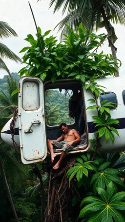 In airplane crashed on a top of tree in the jungle the door of the plane is gone and green leaves surrounding the top of the plane and a man is dead inside the plane you can see him from the broken plane door