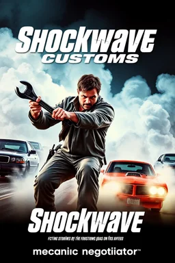 "Design a 90s-style action movie poster titled 'Shockwave Customs.' Feature a heroic mechanic in the foreground, fiercely battling thousands of adversaries with a spanner. In the background, show cars doing burnouts, creating a dynamic and intense scene. Capture the high-energy, gritty aesthetic of classic 90s action films. Prominently display the subtitle 'mechanic negotiator' in bold, impactful lettering."