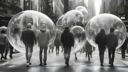 hyper realistic black and white view of humans in plastic bubbles walking down a New York street, photorealism, highly detailed, 4k