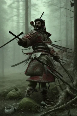 Sickly diseased dying Samurai warrior, in the middle of a dying forest, by Cedric Peyravernay, highly detailed, excellent composition, cinematic concept art, dramatic lighting, trending on ArtStation