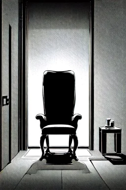 chair in the middle of an empty room, grayscale