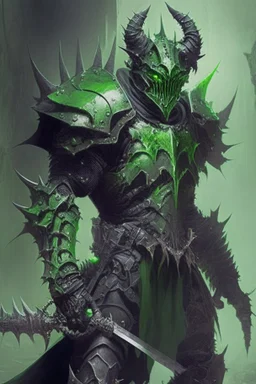 Demonio con armadura verde con negro sosteniendo un caballero negro