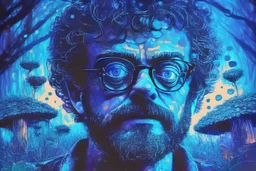 Terence McKenna in a psychedelic field of glowing blue and purple mushrooms in a nighttime forest full of fireflies and fairy lights in an illustrated digital art portrait style