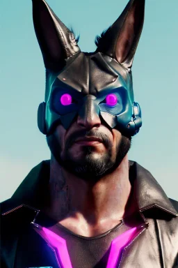 Medium Close Up Portrait, Front image. cyberpunk, rabbit mask, strong man, black hair and beard. latex suit army. Pink, black, color. Cyber futuristic style. Color background, photo studio. Avatar image, highly detailed, concept art, smooth, unreal engine 5, ray tracing, RTX, lumen lighting, ultra detail, volumetric lighting, 3d, finely drawn, high definition, high resolution.