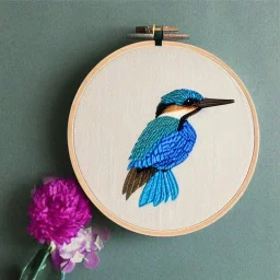 exquisite kingfisher in embroidery hoop, intricate, highly detailed, linen and wood backdrop