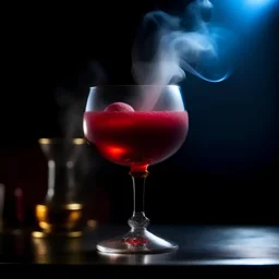 Realistic food photo of "Love Potion" cocktail with smoke, photo focus to the left of the drink, light, unusual shape of the glass, side light