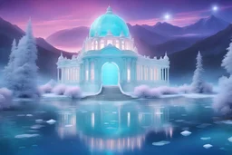 magnificent palace , roofs made with cristal and transparent dome and clear turquoise walls, in the snow, bright,in the foreground icy lake of turquoise water,in front of the lake in the foreground a lot of very small and delicate pink andwhite flowerss, magical and magical atmosphere, in the background snowy mountains, dark blue sky with stars, light particles and a small planet, stars in the sky, fir trees,little particles of light everywhere