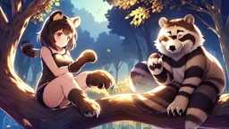 Girl, raccoon tail, raccoon ears, sit on tree, night time, forest, raccoon paws in foot, raccoon hand.