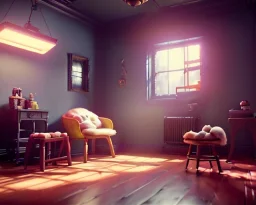 room scene with color hair big monster, realistic photo, sweet, Tim burton style, concept art, smooth, unreal engine 5, god lights, ray tracing, RTX, lumen lighting, ultra detail, volumetric lighting, 3d.