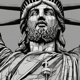 line toned, hedcut, wsj style, statue of Jesus of Liberty with a beard and wearing a cross and hanging from a cross, The statue male, hyperdetailed intricately detailed photoillustration ink drawing dystopian 8k resolution entire body of the statue is in the picture. digital illustration telephoto lens photography , same colors as the us treasury's one dollar bill, crucified"