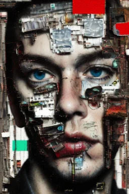 Ultra detailed medium portrait painting of close-up disturbed person looking into the camera lens , torn up collage of clippings, broken circuitry background, matrix effects, punk visual art, punk art aesthetic, graffiti art, pop surrealism, collage art, cluttered paint glitches