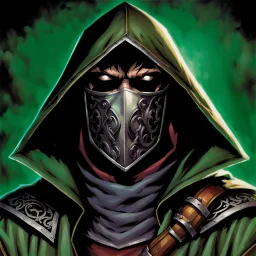 90's fantasy tcg art of a hooded heroic man with a metal mask