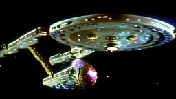 a screen capture from a star trek movie of a battle-damaged starship enterprise IN the year 2380 IS IN A BATTLE with monster ufos sci-fi meticulous, highly-polished, photorealistic, studio production, intricately detailed, GALACTIC, directed by gene Roddenberry, move saucer section forward and nacelles back