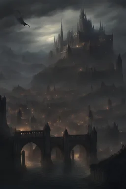 vast gothic city, walled city, magic city, dark, grimdark, elf city, mountain