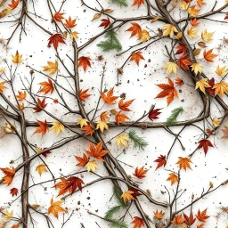 detailed Real Tree Camouflage made of bare bush branches, fir branches, dried maple leaves, snow and dirt, white background, seamless repeatable texture camo pattern