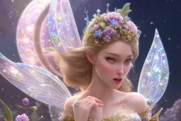 one very little beautiful fairy on a big crystal subtle flower in a galactic ambiance, transparent petals, delicate colors, in the foreground, full of details, smooth, bright sunshine，soft light atmosphere, light effect，vaporwave colorful, concept art, smooth, extremely sharp detail, finely tuned detail, ultra high definition, 8 k, unreal engine 5, ultra sharp focus