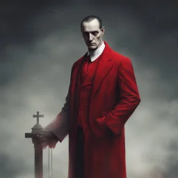 a sinister figure wearing a red suit with a red tie and a priest's clerical collar with no face and dirty slicked back hair