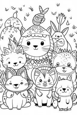 HAPPY NEW YEAR coloring page for kids, Animal friends sharing New Year wishes, thick outline, low details, no shading, no color