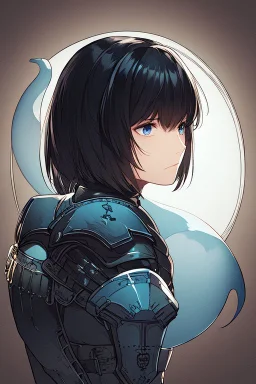 Motoko Kusanagi from "Ghost In The Shell (1995)", clad in medieval stell plate armour, melancholic, alone, big blue eyes, perfect, beautiful, black hair, correct proportions, in the style of "Ghost in the Shell (1995)"